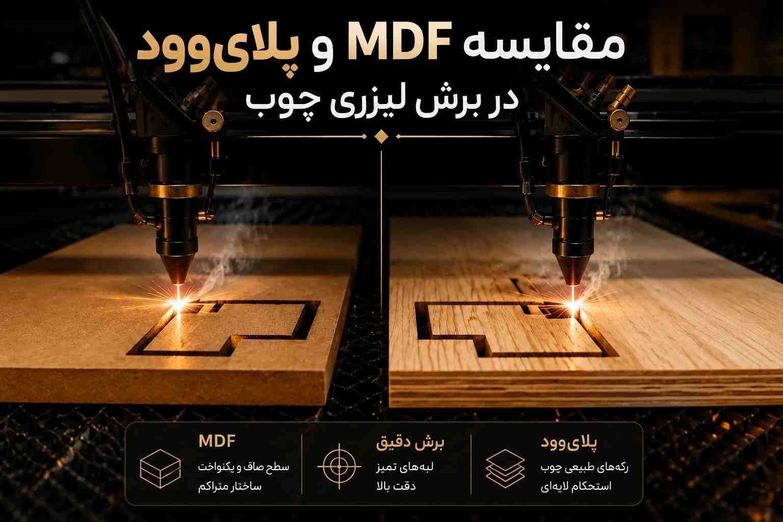 این تصویر مقایسه برش لیزری دو متریال پرکاربرد یعنی MDF و پلای‌وود را نشان می‌دهد و تفاوت کیفیت لبه‌ها، دقت برش و ظاهر نهایی آن‌ها را در فرآیند برش لیزری چوب نمایش می‌دهد.